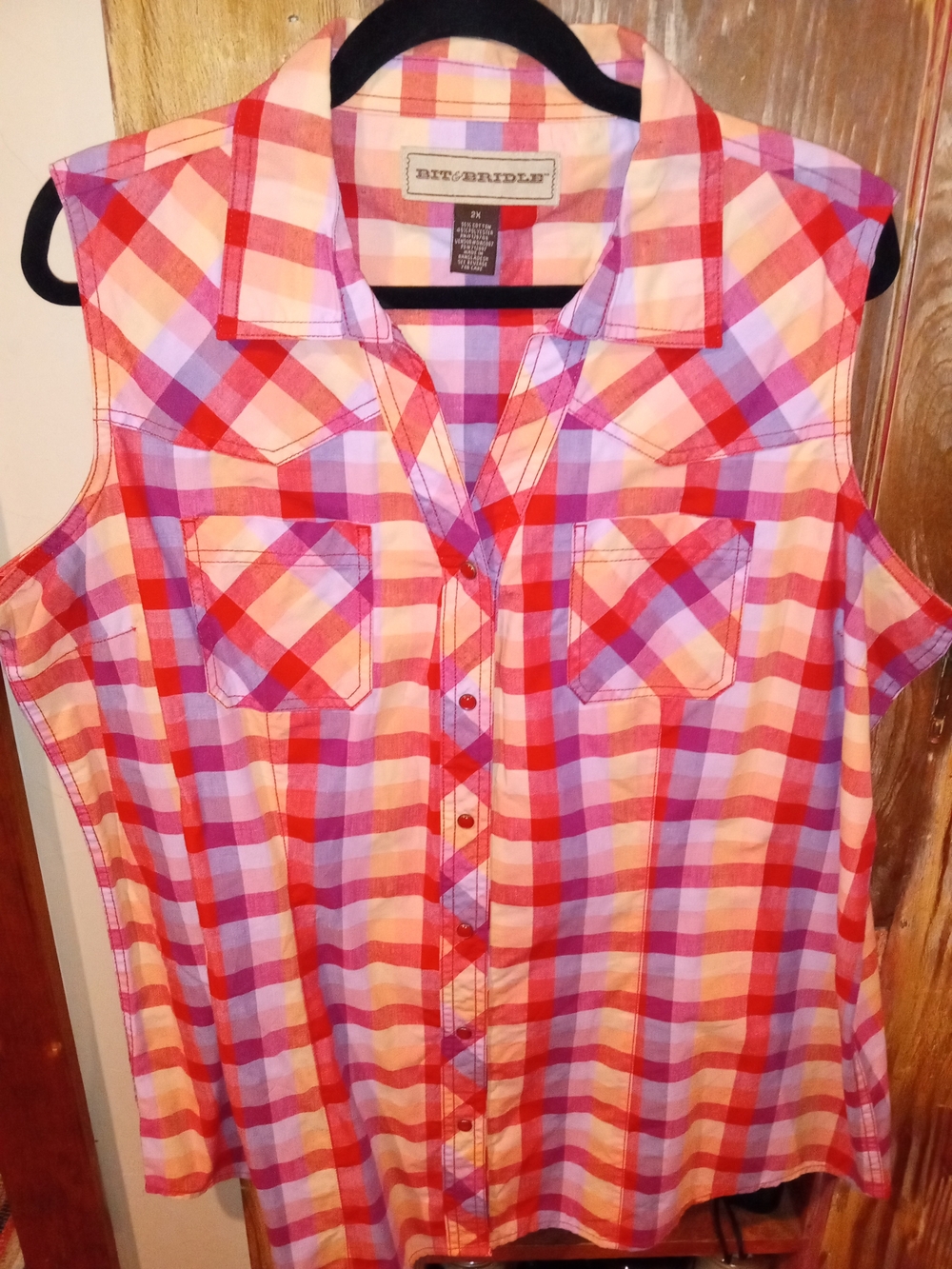 Bit & Bridle Pink Red Purple Plaid Sleeveless Button-Down Shirt